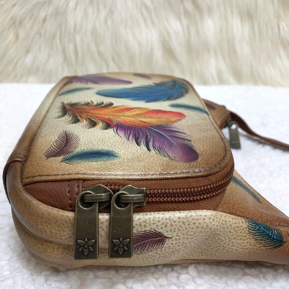 ANUSCHKA Colorful Small Hand Painted Leather "FEATHERS" Zip Top Organizer XBody - Picture 5 of 16